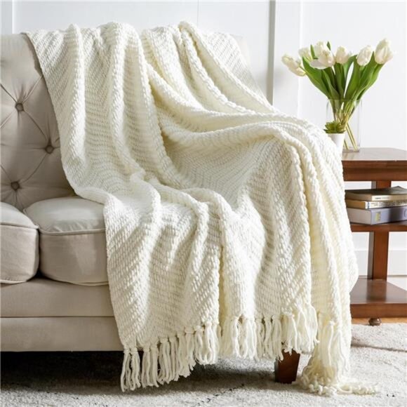Cream Throw Blankets for Couch - Textured Chunky Knit Woven Chenille - Picture 1 of 7